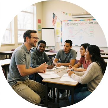 Teacher engaging students in classroom discussion.