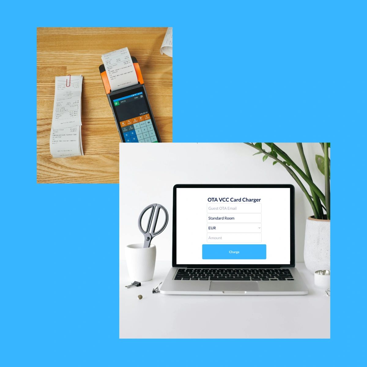 Image of a an EDC vs. online solution to charge credit cards at hotels.