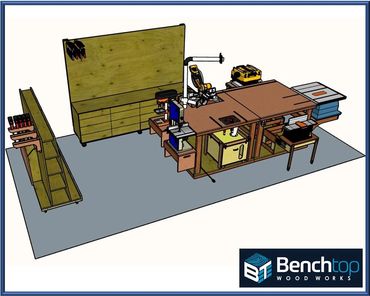 mobile woodworking shop, mobile workbench, mobile lumber storage cart, mobile tool wall with drawers