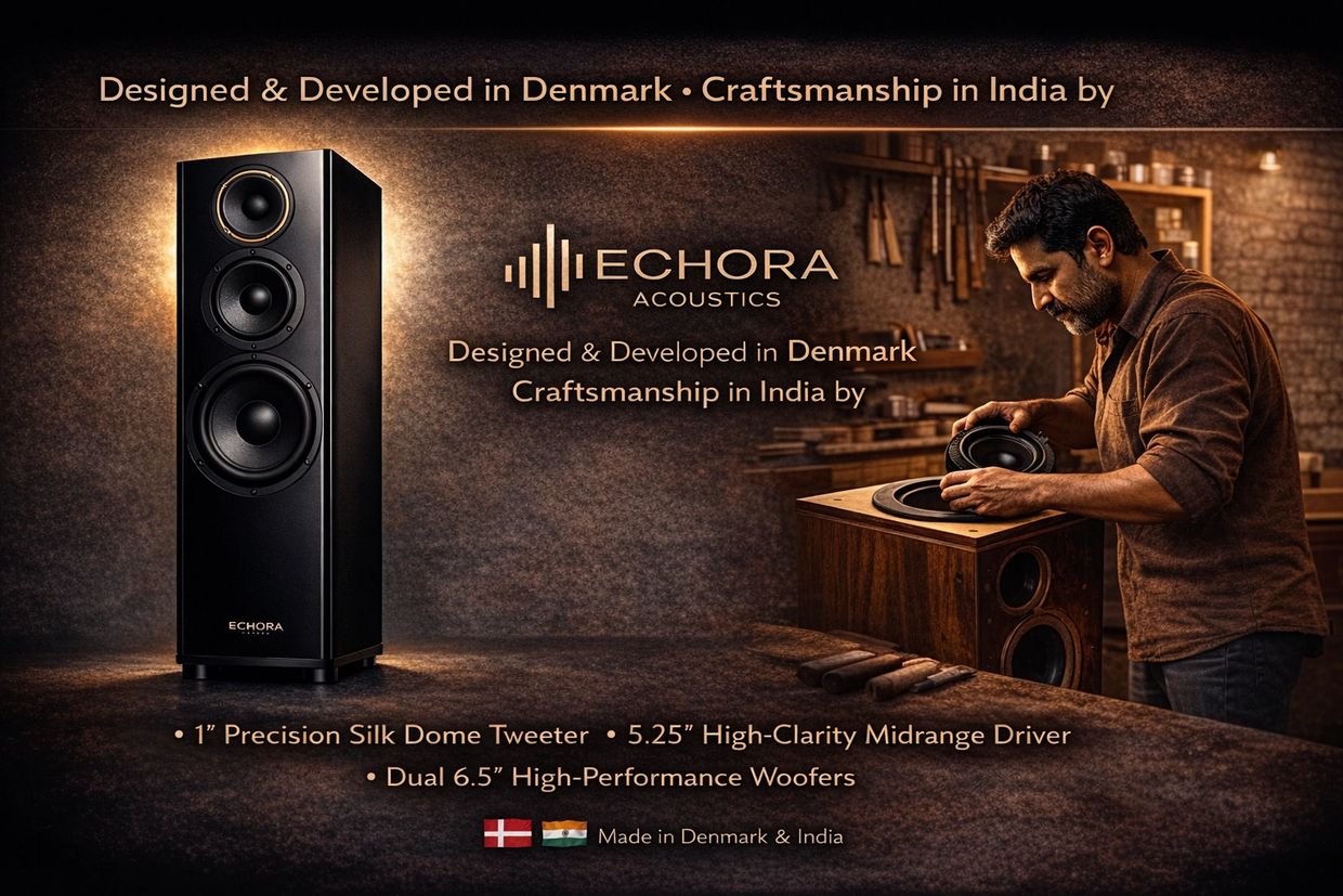Echora Acoustics speakers designed in Denmark, crafted in India, featuring precision tweeter and high-performance woofers.