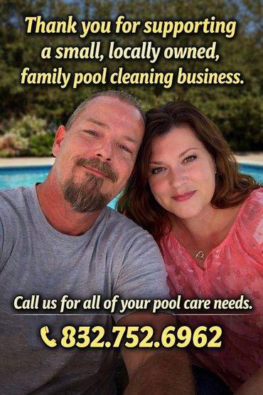 Couple promoting their small, family-owned pool cleaning business with a phone number.