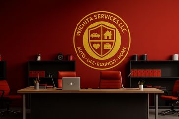 Modern office with Wichita Services LLC logo on red wall and red chairs.