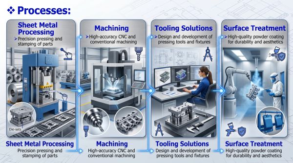 Manufacturing process flowchart with stages of sheet metal processing, machining, tooling solutions, and surface treatment.