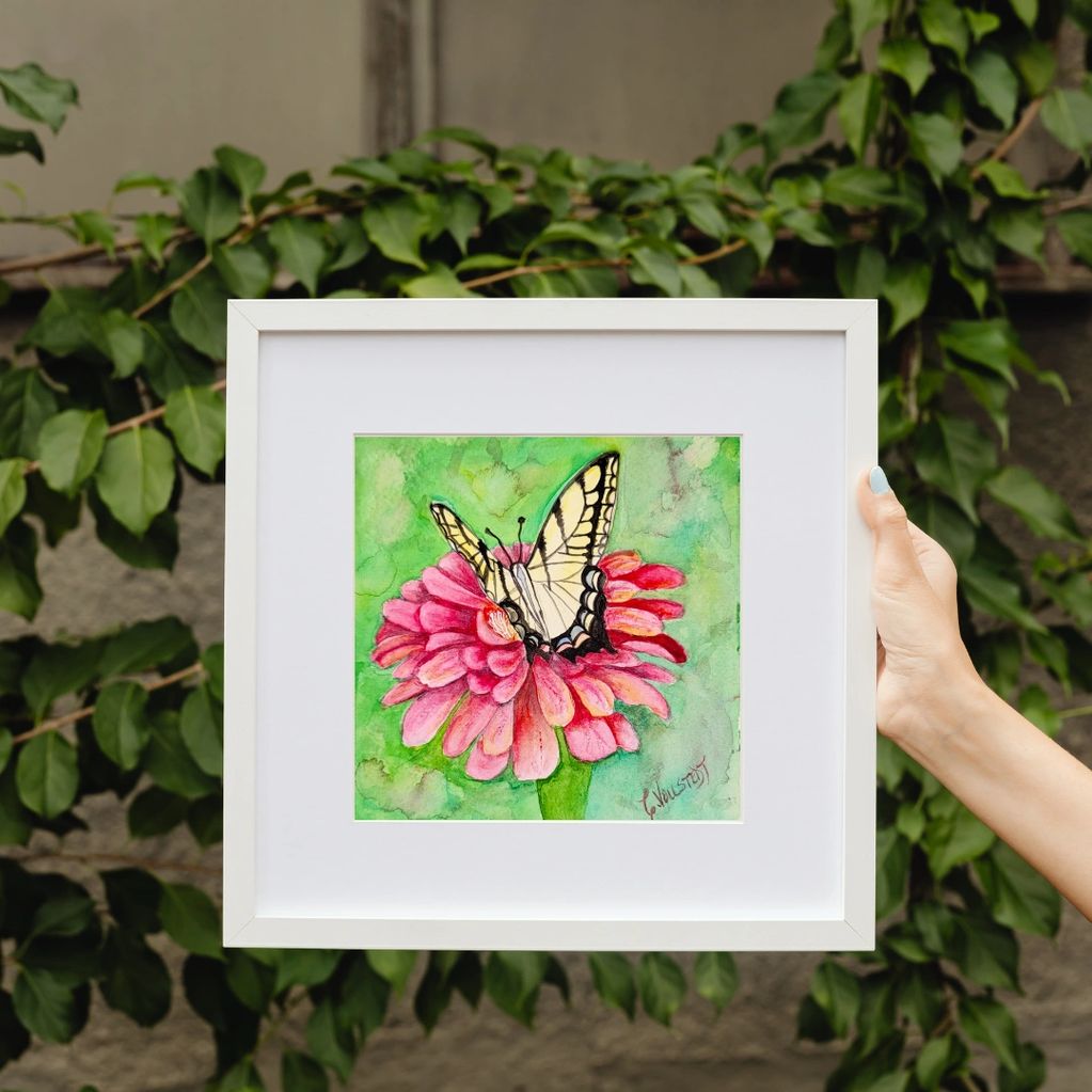 Original watercolor painting - yellow tiger swallowtail butterfly gently  on  a bright zinnia.