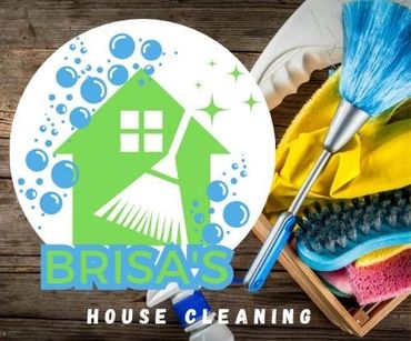Logo for Brisa's House Cleaning with cleaning tools around.