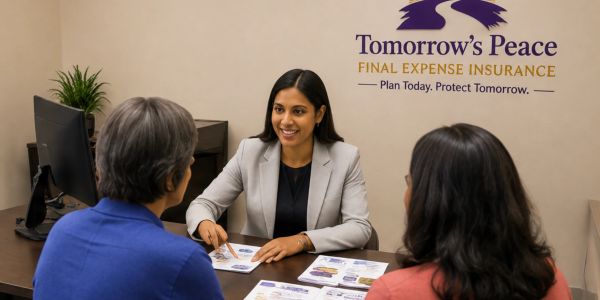 Insurance agent discusses plans with clients at Tomorrow's Peace office.