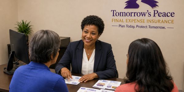 Insurance agent advising clients in office.