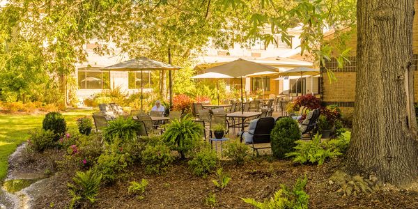 The patio is a favorite spot for families and friends to gather with residents.