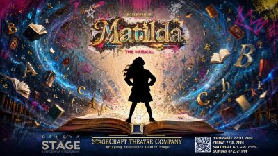 Poster for Matilda the Musical with a silhouette of a girl and floating letters.