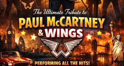 Tribute poster for Paul McCartney & Wings with iconic landmarks and stars.