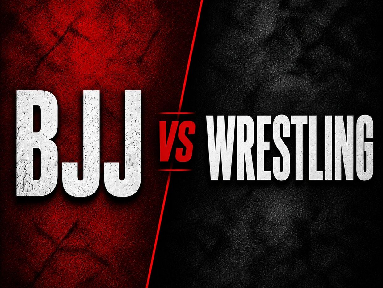 BJJ versus Wrestling graphic with bold white text on red and black backgrounds.
