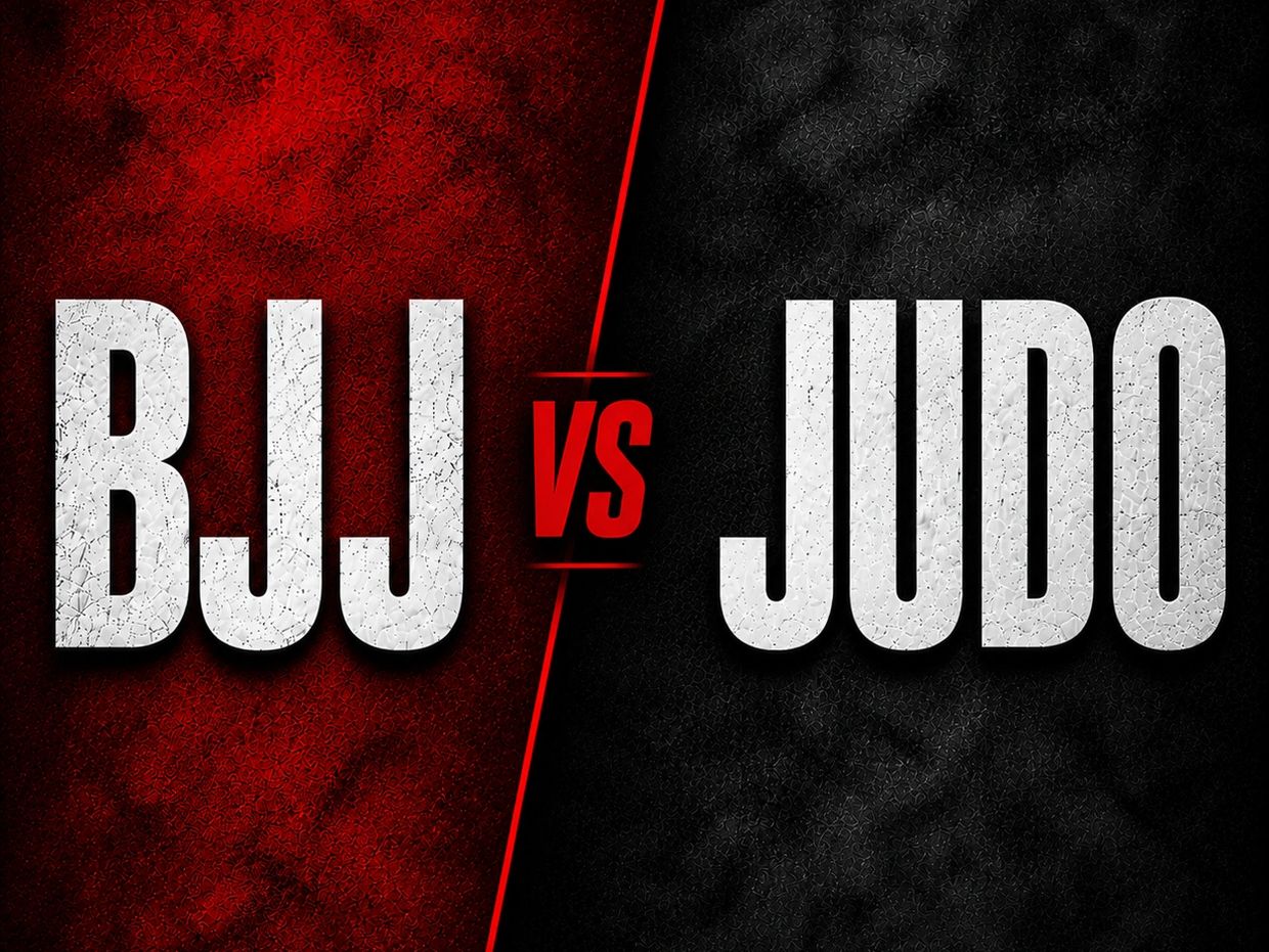 BJJ versus Judo in a bold fight poster style.