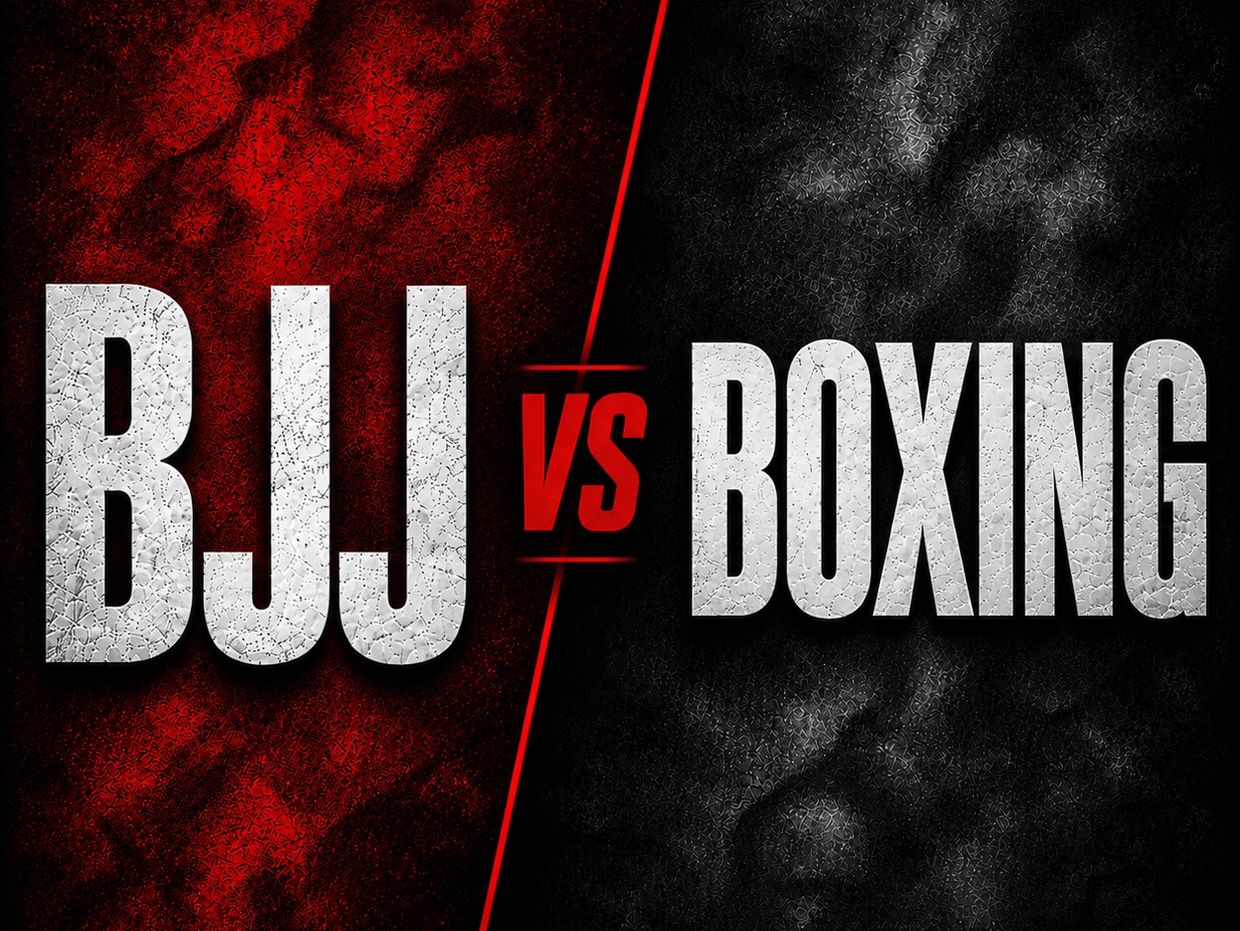 BJJ versus Boxing graphic with red and black textured background.