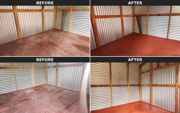 Before and after cleaning of a shed interior space.