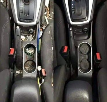 Comparison of a dirty and a clean car interior center console.