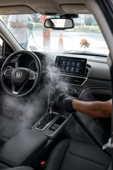 Detailer steam cleaning the interior of a Honda car.