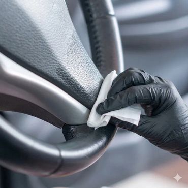 Steering wheel getting wiped down during interior wash.