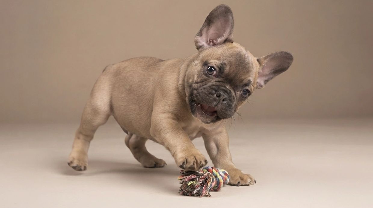 Playful French Bulldog puppy with a colorful toy.
