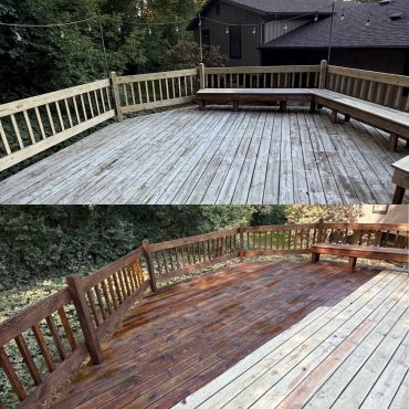 Before and after wood deck staining.
