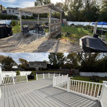 Backyard deck before and after renovation with new white railing and decking.