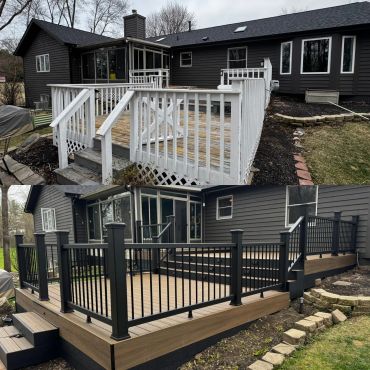 Before and after deck renovation showing worn white deck and new black and wood deck.