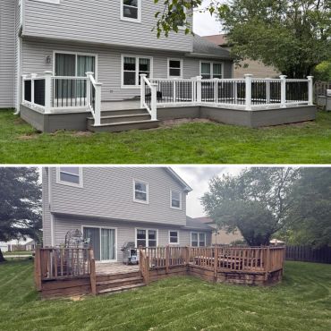 Before and after deck renovation showing old wooden and new white-and-black styled deck.