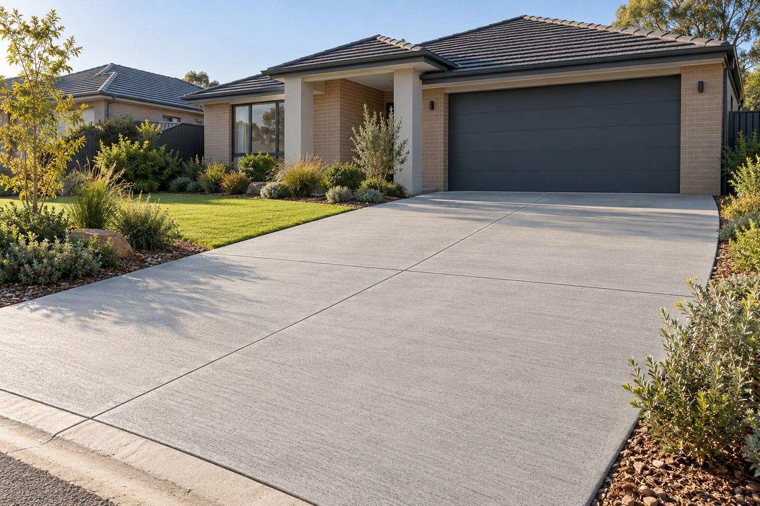Plain grey concrete driveway leading to a brick home with a double garage.