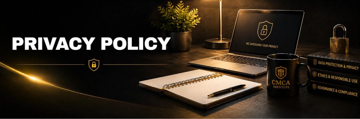 Workspace setup emphasizing privacy policy and data protection with laptop, notebook, and books.