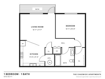 1 bedroom, 1 bath floor plan, 678 sq ft