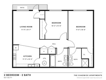 2 bedroom, 2 bath floor plan, 921 sq ft
