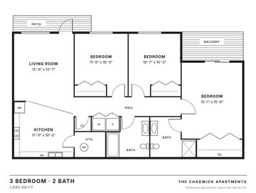 3 bedroom, 2 bath floor plan, 1,095 sq ft