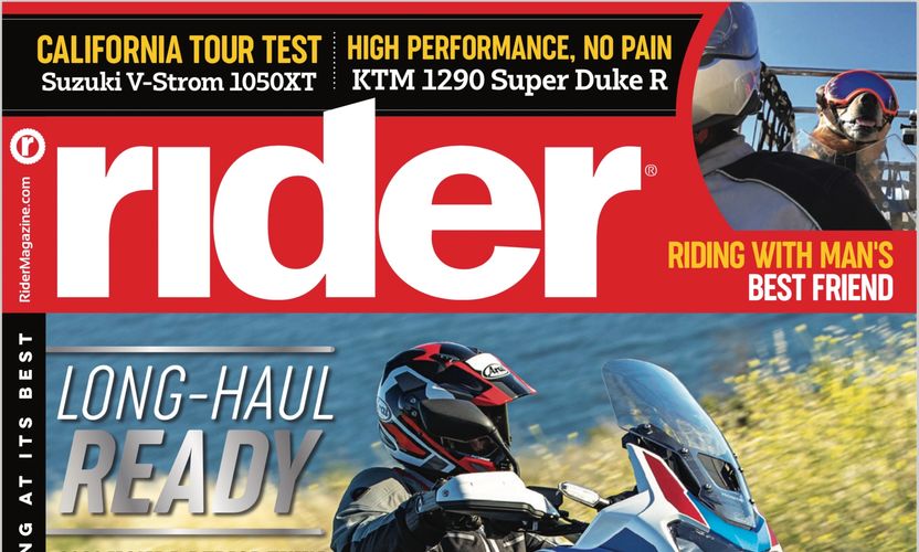 Rider Magazine July 2020 issue cover - showing a picture of George riding in his tote