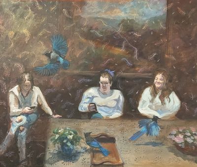 Arrival of the Birds, Acrylic on canvas, 2024, 24 x 18.