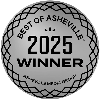 Silver emblem stating Best of Asheville 2025 Winner by Asheville Media Group.