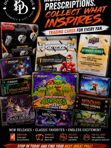 Trading cards advertisement at Downtown Drug Pharmacy & Gift Shop.