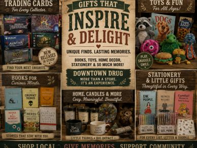 Shop local gifts with trading cards, books, toys, stationery, and home decor.