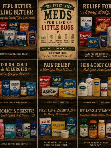 Collage of various medicine and wellness products under different health categories.
