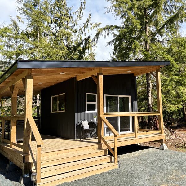 Modern tiny cabin with wooden porch in a forest setting.
