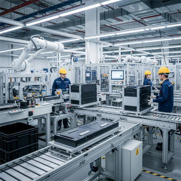 Workers in a high-tech factory assembling electronic devices on conveyor belts.