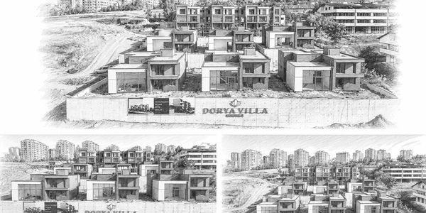 Modern villa projesinin çizimi ve konumu.
