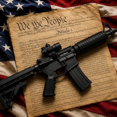 A rifle placed on the US Constitution and flag.
