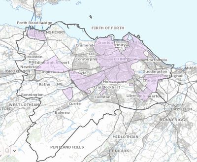 Map highlighting areas in and around Edinburgh with purple shading.