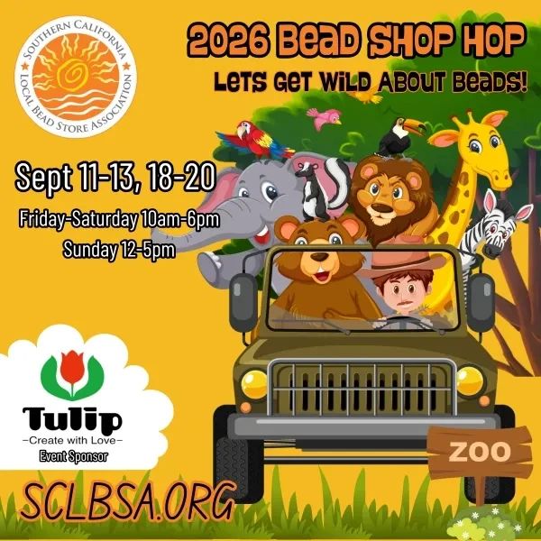 2026 Bead Shop Hop with safari animals, Sept 11-13 and 18-20, organized by Southern California Local Bead Store Association.