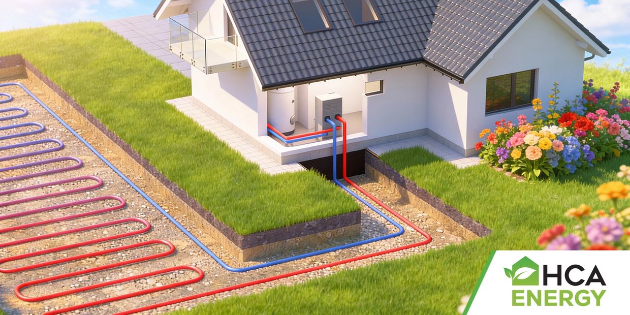 An illustration of a ground source heat pump system that can be fitted by HCA Energy