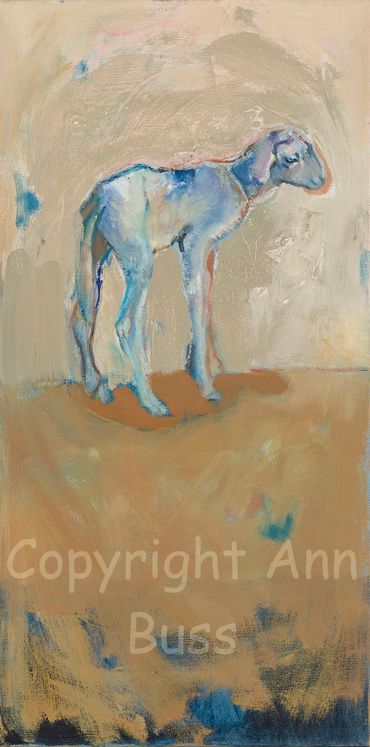 Abstract painting of a blue-toned lamb standing alone.