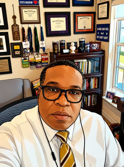 Man in glasses and tie takes selfie in office filled with diplomas and books.