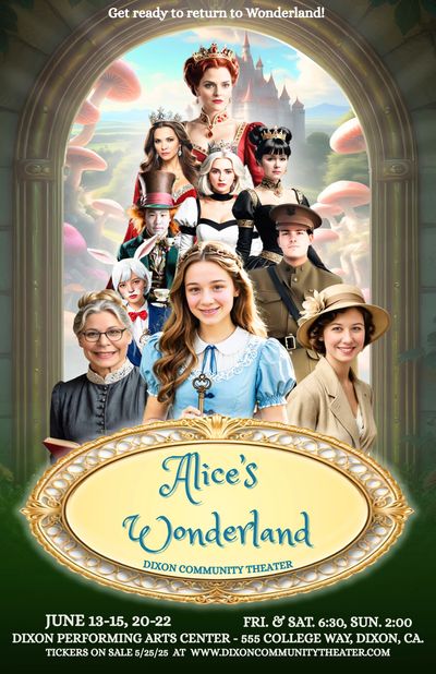 Colorful poster for Alice's Wonderland play at Dixon Community Theater with cast in costume.