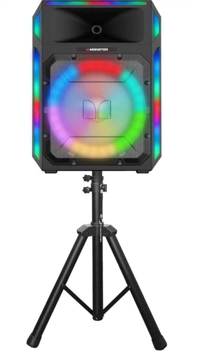 Portable speaker with colorful LED lights on a tripod stand.