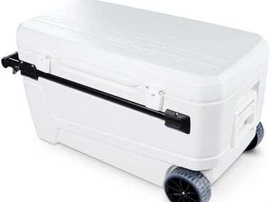 Large white rolling cooler with black handle and wheels.