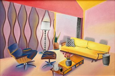 Funky 1960s living room. Pastel drawing with collaged elements.